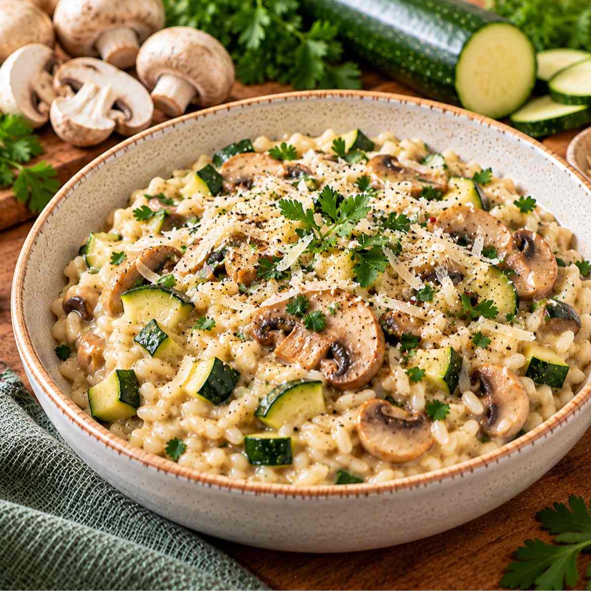 Risotto crémeux courgettes & champignons