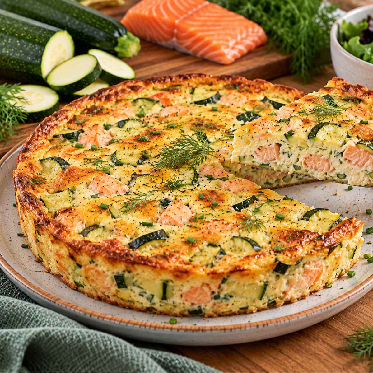 Tarte sans pâte saumon, courgette & fromage frais