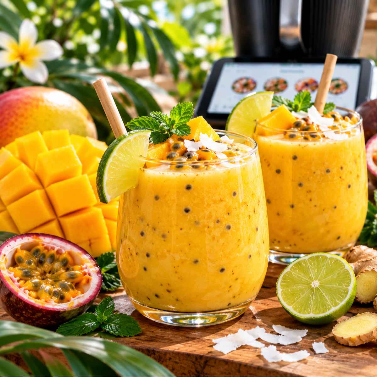 Smoothie mangue, passion, citron vert & gingembre
